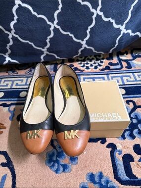 Michael Kors Black Leather Ballet Flats with Brown Toe and Gold MK Accent